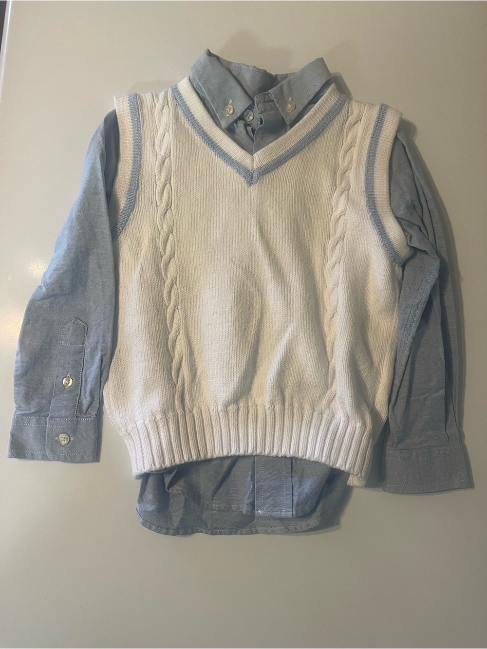 Vineyard Vines White Cable-Knit V-Neck Sweater Vest with Light Blue Shirt